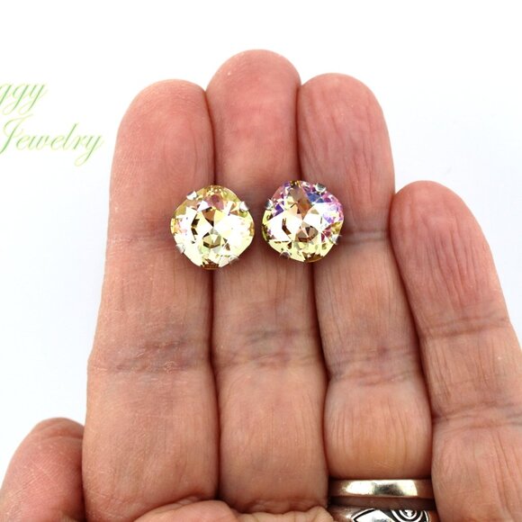 Luminous Green Cushion Cut Stud Earrings made with Genuine Austrian Crystals - Picture 5 of 7